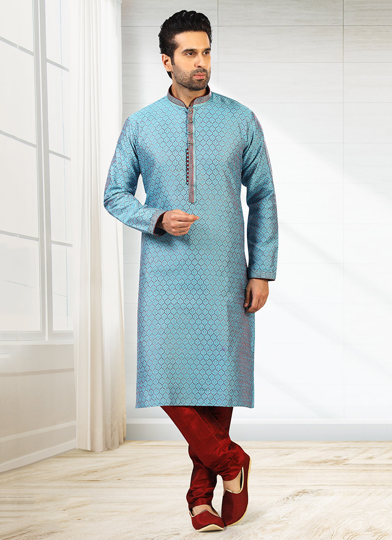 Two Tone Blue N Maroon Jacquard Silk Pintux Kurta Pyjama Party Wear