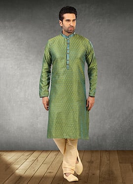 Two Tone Green N Blue Jacquard Silk Pintux Kurta Pyjama