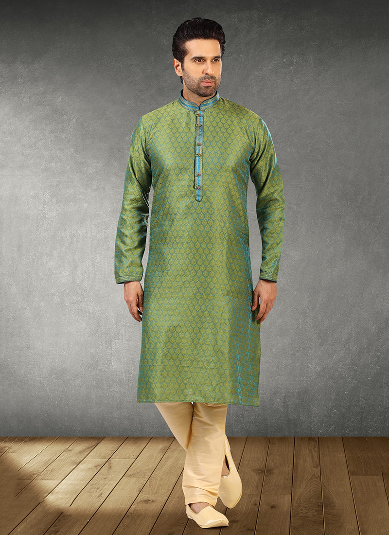 Two Tone Green N Blue Jacquard Silk Pintux Kurta Pyjama