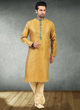 Two Tone Yellow N Blue Jacquard Silk Pintux Kurta Pyjama