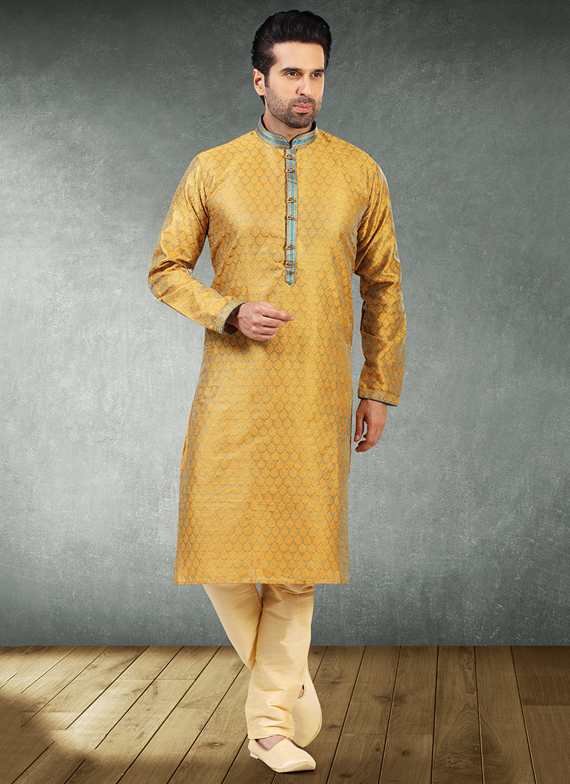 Two Tone Yellow N Blue Jacquard Silk Pintux Kurta Pyjama Party Wear
