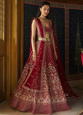 Umbrella Lehenga Brides Wedding In Maroon Taffeta Silk Embroidered Sequins
