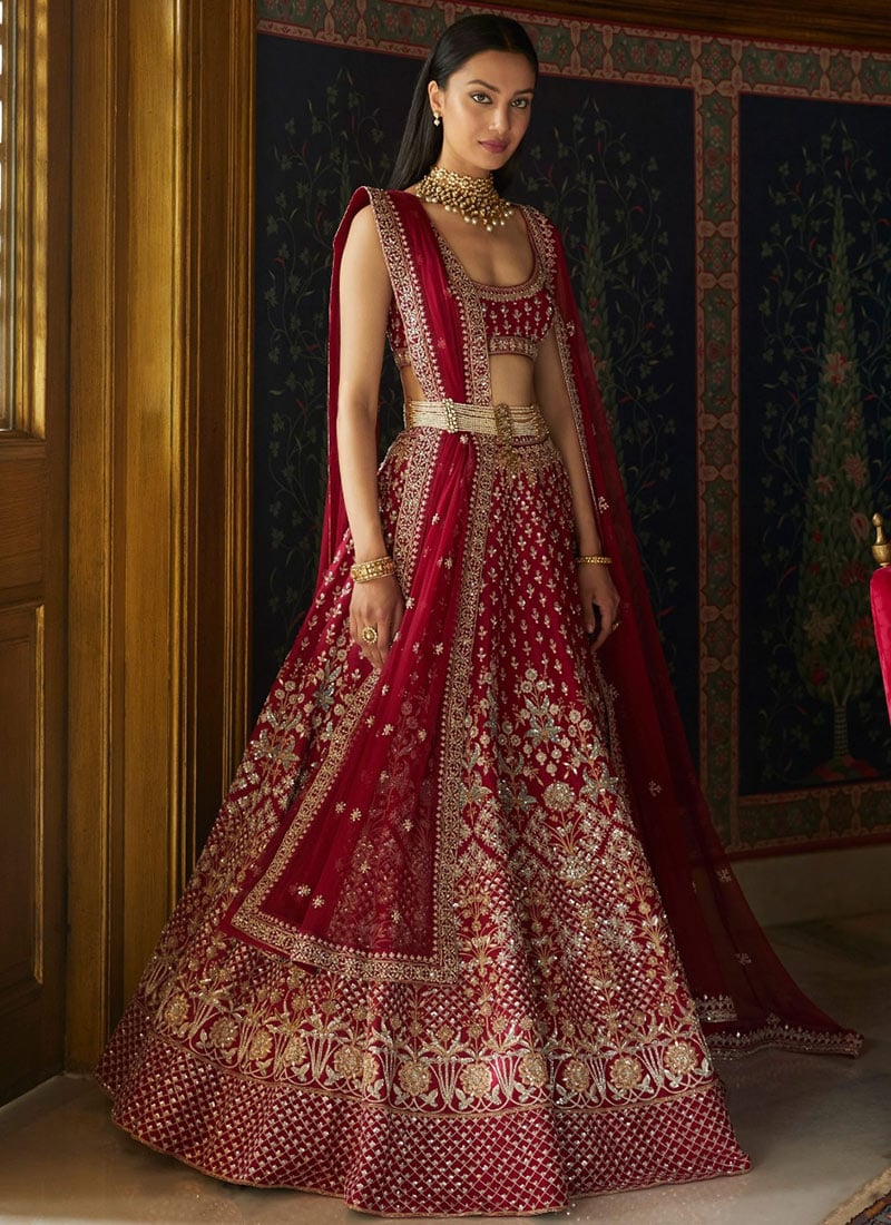 Umbrella Lehenga Brides Wedding In Maroon Taffeta Silk Embroidered Sequins Wedding Wear