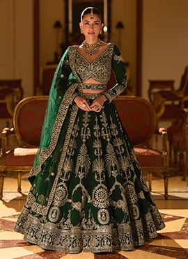 Umbrella Lehenga Green Silk Embroidered Zari Sequins