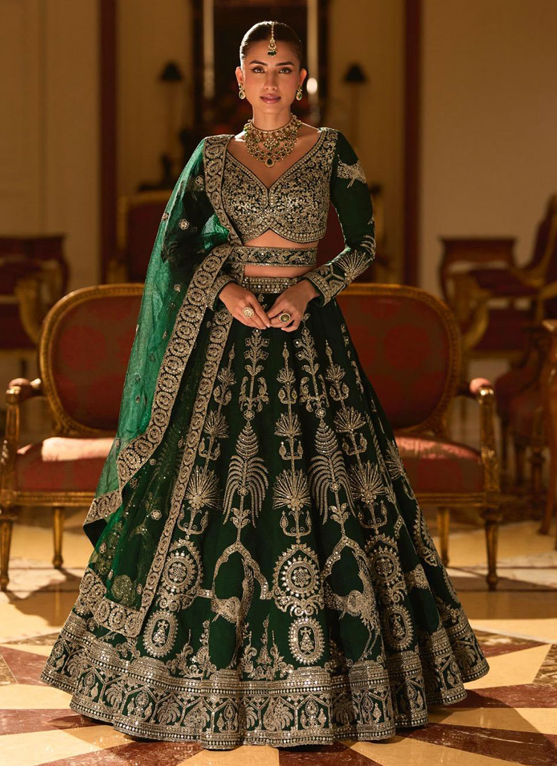 Umbrella Lehenga Green Silk Embroidered Zari Sequins Wedding Wear