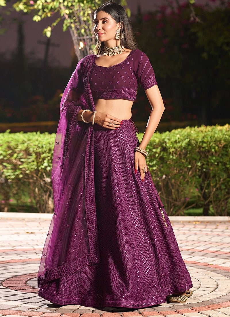 Umbrella Lehenga In Dark Wine Georgette Thread Embroidered Sequins For Elegant Wedding Wear