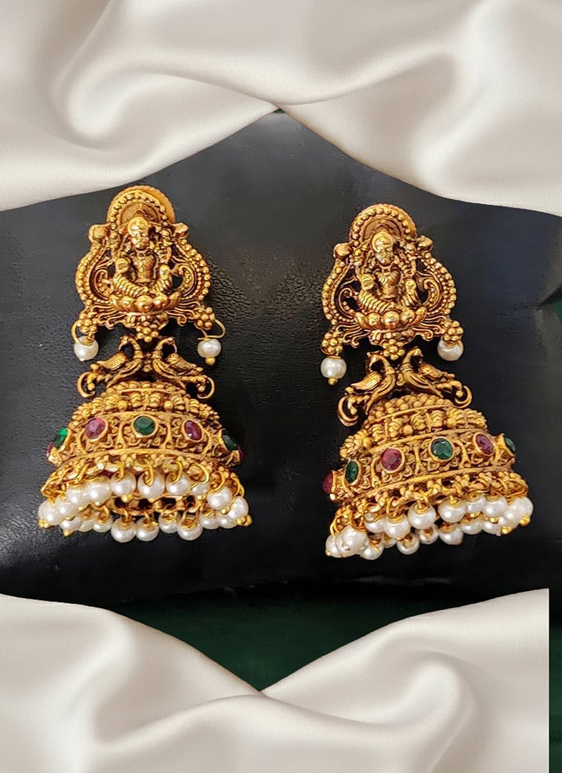 Unique Golden Fine Beads Kundan Jhumka Festive Wear