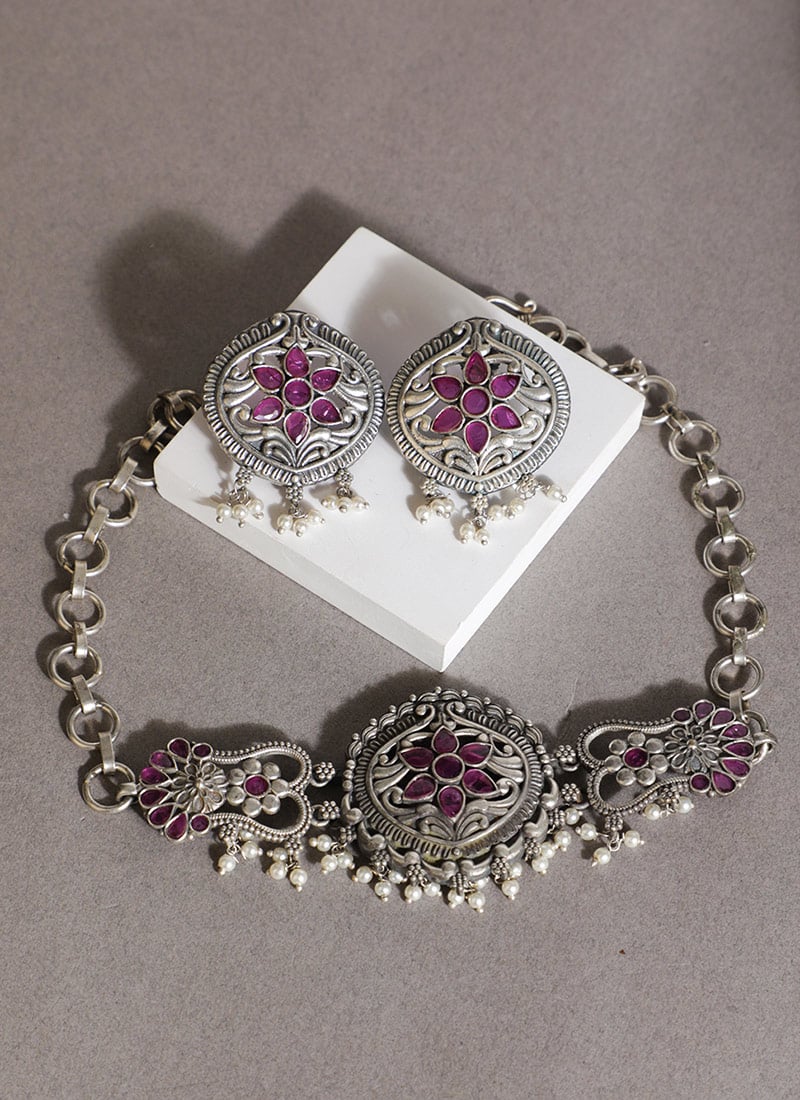 Unique Silver Tone Handcrafted Brass Necklace With Earings Party Wear