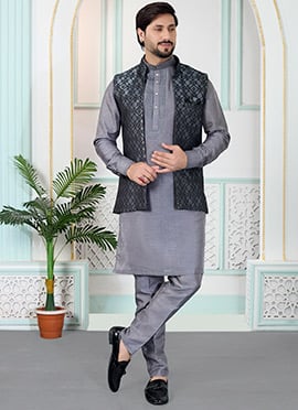 Urban Grey Silk Jacquard Bandi Set