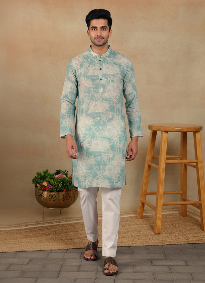 Vibrant Aqua Green Linen Printed Kurta Pyjama Festive Wear
