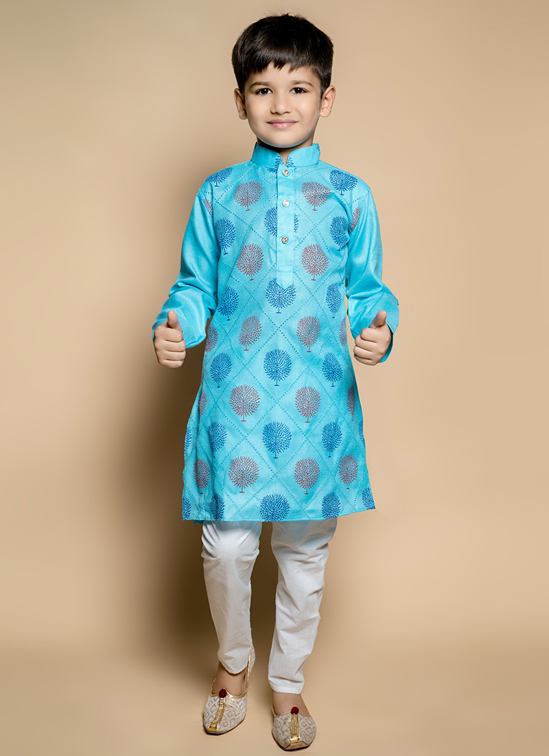 Vibrant Blended Cotton Kids Boys Kurta Pyjama Party Wear