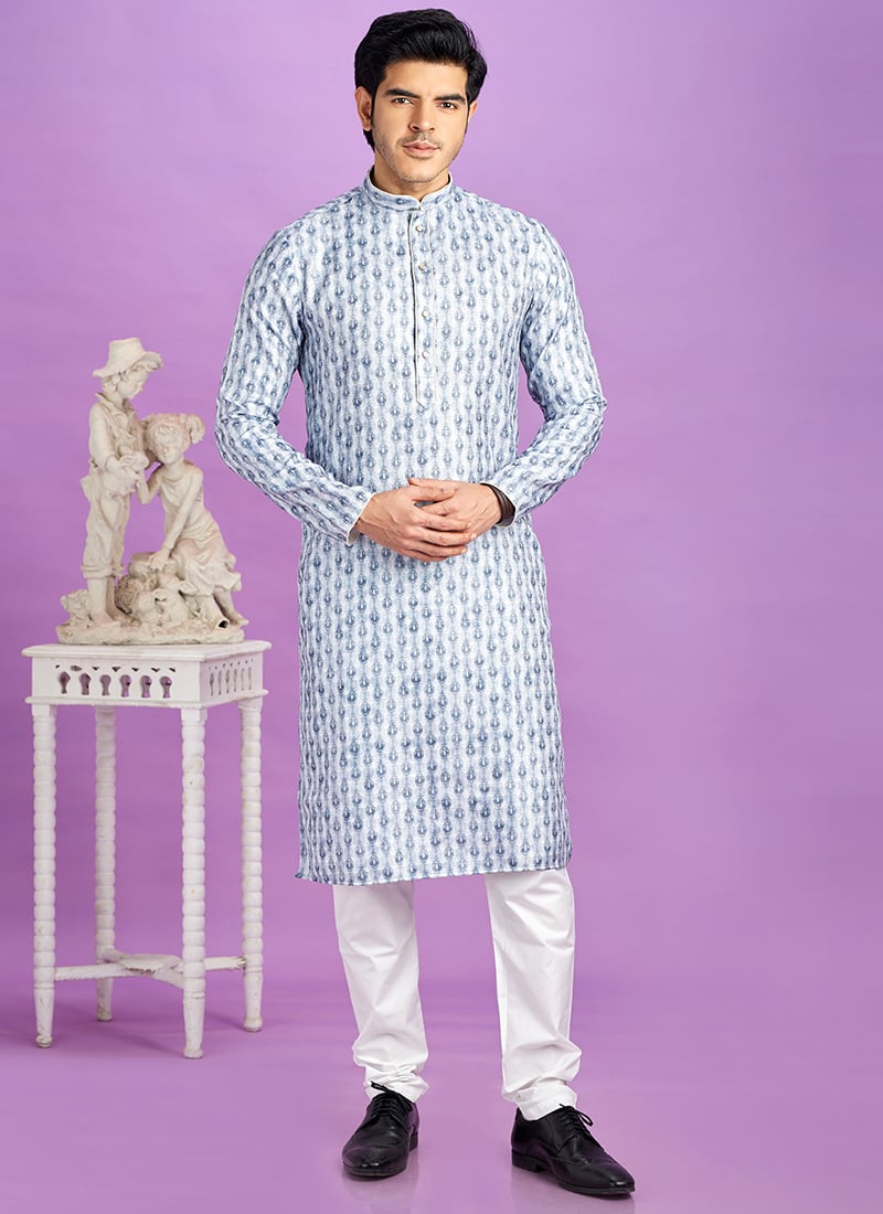 Vibrant Blended Cotton Printed Kurta Pyjama Festive Wear