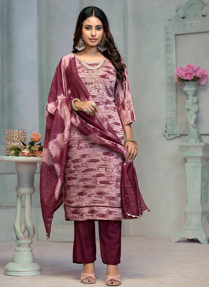 Vibrant Embroidered Light Mauve Roman Cotton Straight Pant Suit With Digital Print Festive Wear