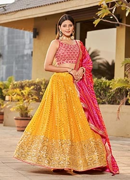 Vibrant Georgette Embroidered Zari Umbrella Lehenga