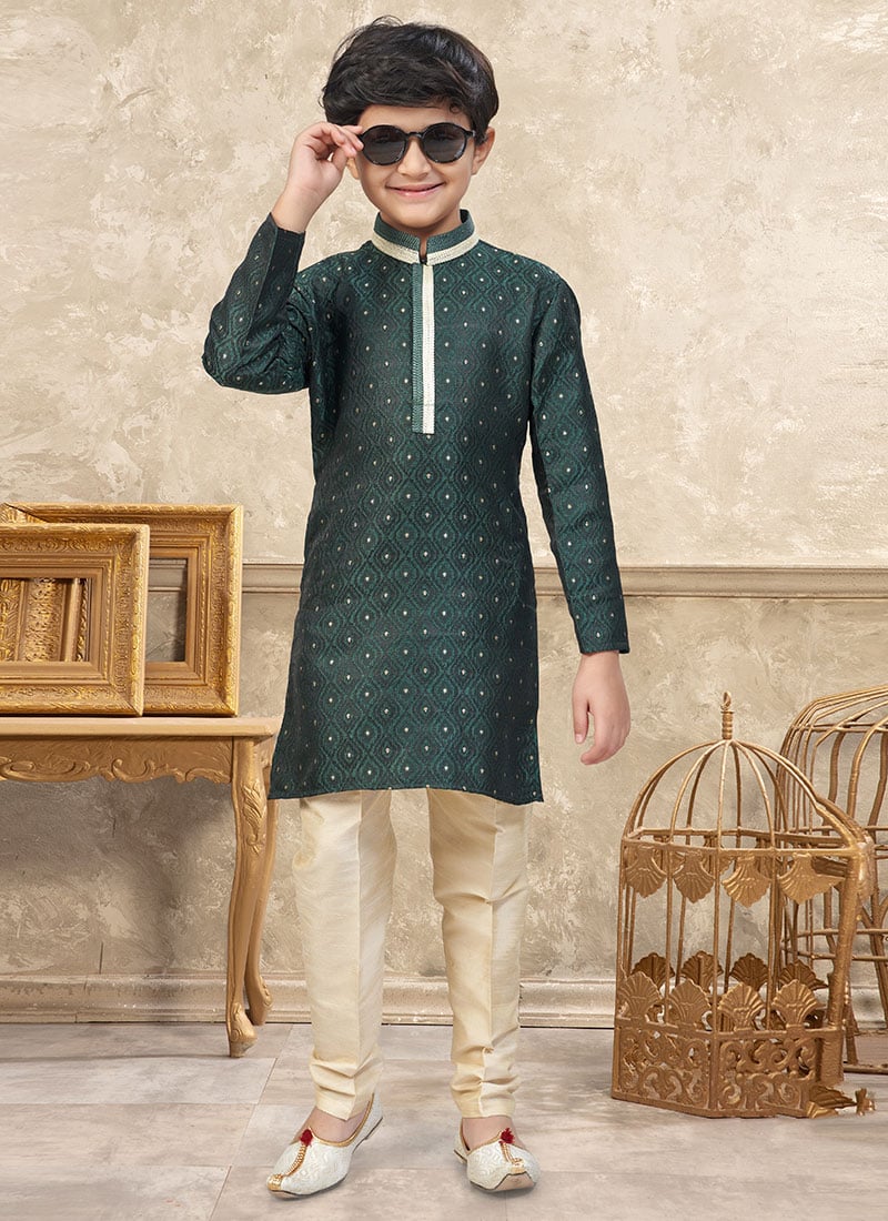 Vibrant Green Banarasi Silk Jacquard Thread Lace Work Kids Boys Kurta Pyjama Festive Wear