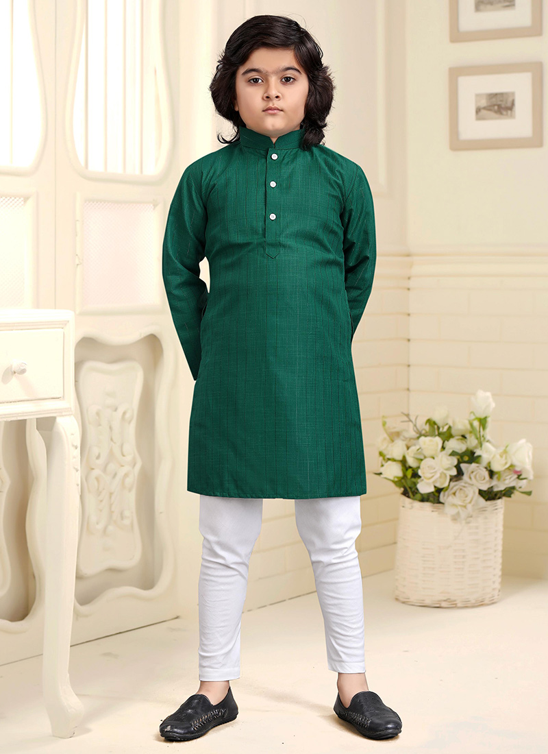 Vibrant Green Cotton Kids Kurta Pyjama Set Designed With Subtle Zari Detailing Festive Wear