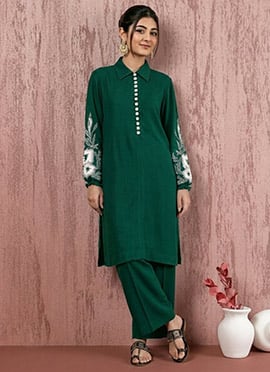 Vibrant Green Satin Blend Embroidered Resham Palazzo Suit
