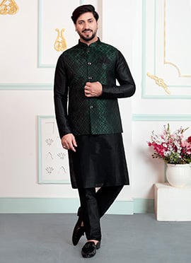 Vibrant Green Silk Jacquard Bandi Set