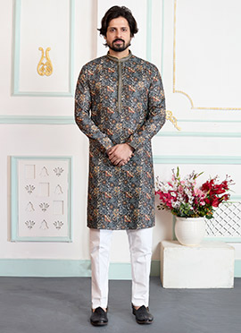 Vibrant Green Silk Printed Kurta Pyjama