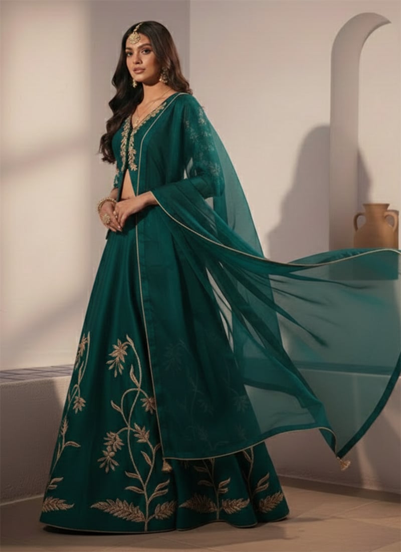 Vibrant Green Silk Zari Sequins Embroidered A Line Lehenga Wedding Wear