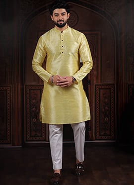 Vibrant Lemon Silk Woven Designer Kurta Pyjama