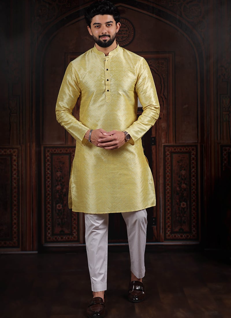 Vibrant Lemon Silk Woven Designer Kurta Pyjama Festive Wear