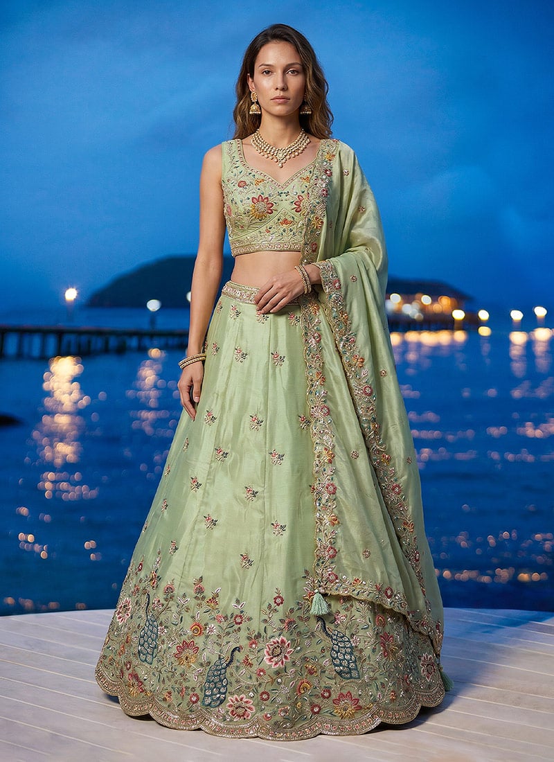Vibrant Lime Green Organza Embroidered Umbrella Lehenga Wedding Wear