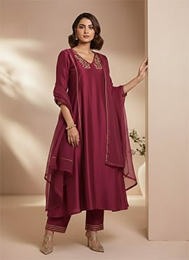 Vibrant Magenta Silk Sequins Hand Embroidered Anarkali Suit
