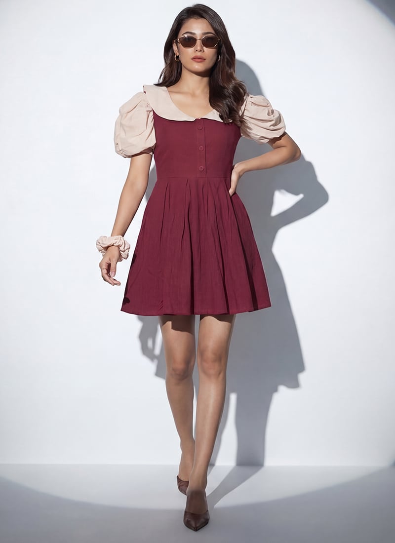 Vibrant Maroon Cotton Fit And Flare Mini Dress After Six Wear