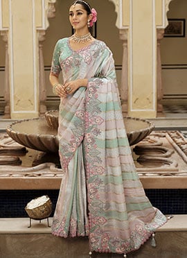 Vibrant Multicolor Soft Silk Zari Weaving Heavy Thread Embroidery Khatli Work Saree