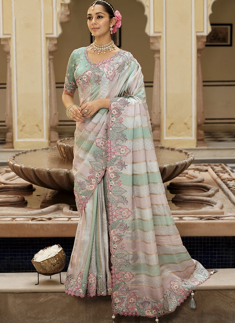 Vibrant Multicolor Soft Silk Zari Weaving Heavy Thread Embroidery Khatli Work Saree Wedding Wear