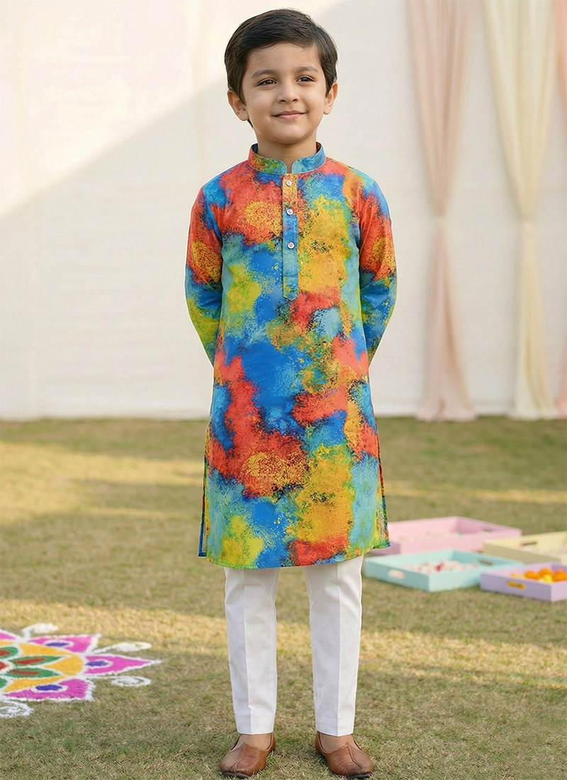 Vibrant Multicolored Cotton Digital Print Kids Boys Kurta Pyjama Festive Wear