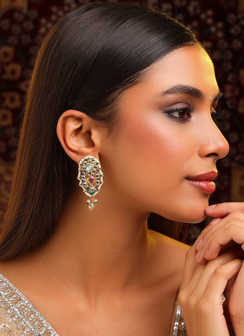 Vibrant Multicolored Kundan Meenakari Beads Danglers Festive Wear