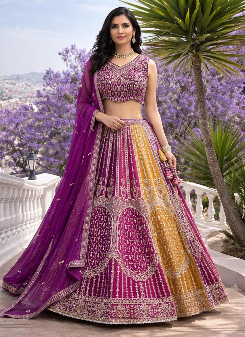 Vibrant Multicolored Silk Sequins Embroidered Thread Umbrella Lehenga Wedding Wear