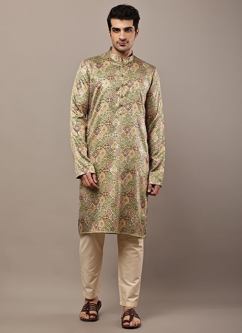Vibrant Multicolored Viscose Silk Printed Kurta Pyjama Festive Wear