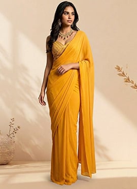 Vibrant Mustard Faux Georgette Sequins Hand Embroidered Saree