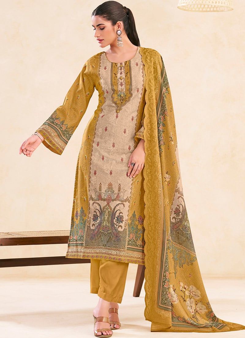 Vibrant Mustard Lawn Cotton Digital Print Straight Pant Suit After Six Wear