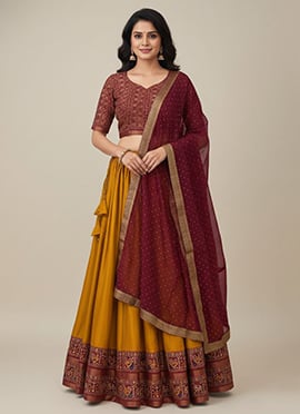 Vibrant Mustard Mul Mul Cotton Patola Print Zari Umbrella Lehenga