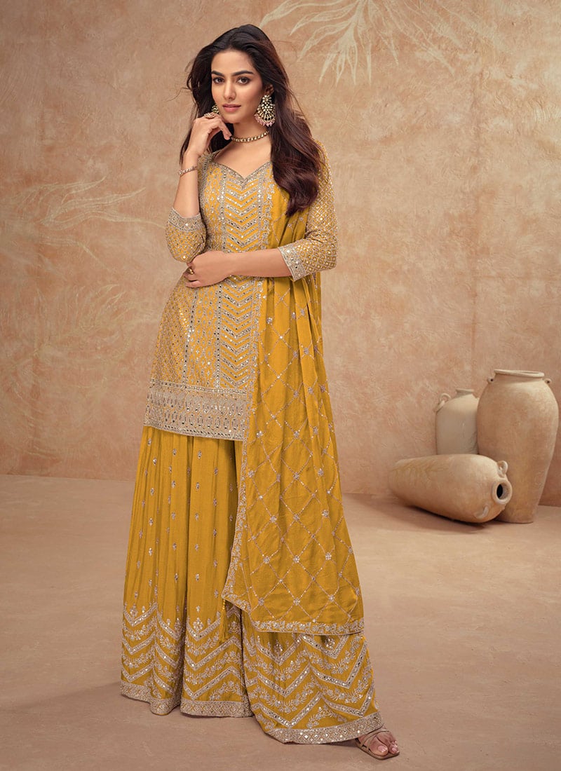 Vibrant Mustard Palazzo Suit With Gota Embroidered And Sequin Embellishments Festive Wear