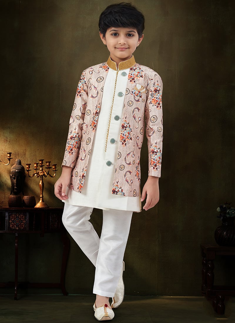 Vibrant Off White Banarasi Silk Digital Print Jacquard Kids Boys Indowestern Sherwani Wedding Wear