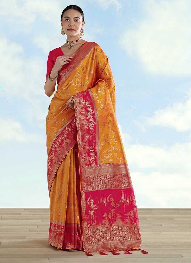 Vibrant Orange Banarasi Silk Zari Woven Saree Festive Wear