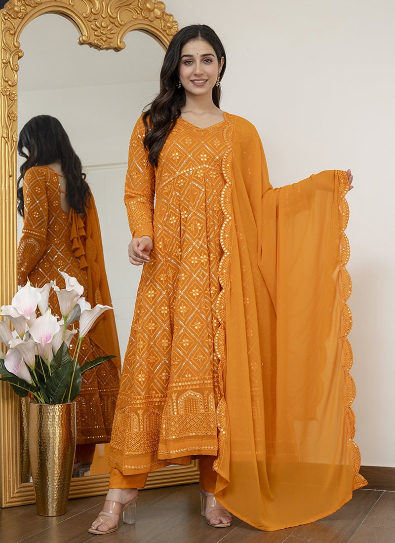 Vibrant Orange Blooming Embroidered Sequins Anarkali Suit After Six Wear
