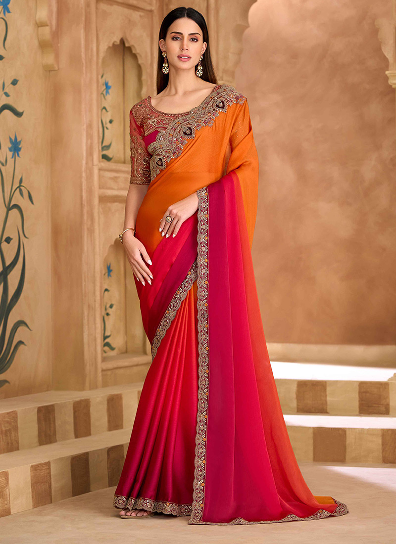 Vibrant Orange Chiffon Embroidered Sequins Zari Saree Wedding Wear