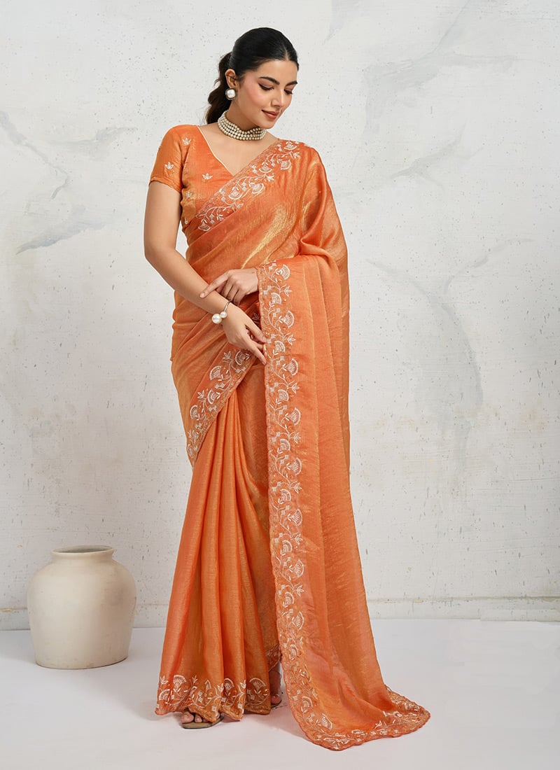 Vibrant Orange Chiffon Velvet Zari Embroidered Sequins Thread Saree Festive Wear