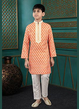 Vibrant Orange Cotton Printed Kids Boys Kurta Pyjama