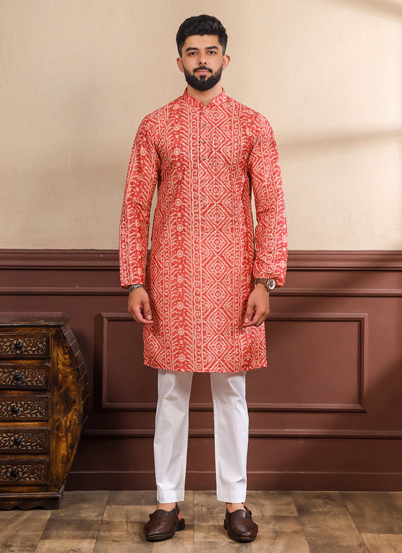 Vibrant Orange Cotton Printed Kurta Pyjama Festive Wear