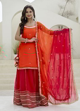 Vibrant Orange Faux Georgette Lehenga With Sequins And Zari Work Long Choli
