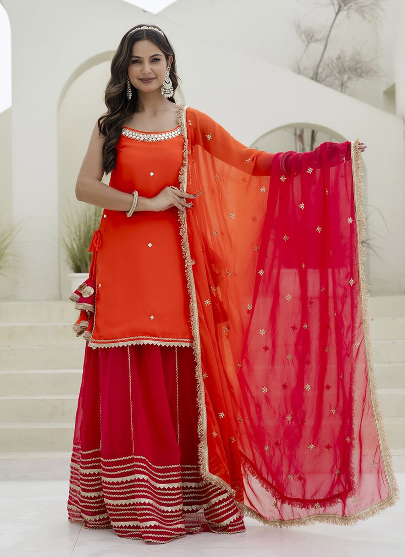Vibrant Orange Faux Georgette Lehenga With Sequins And Zari Work Long Choli Festive Wear