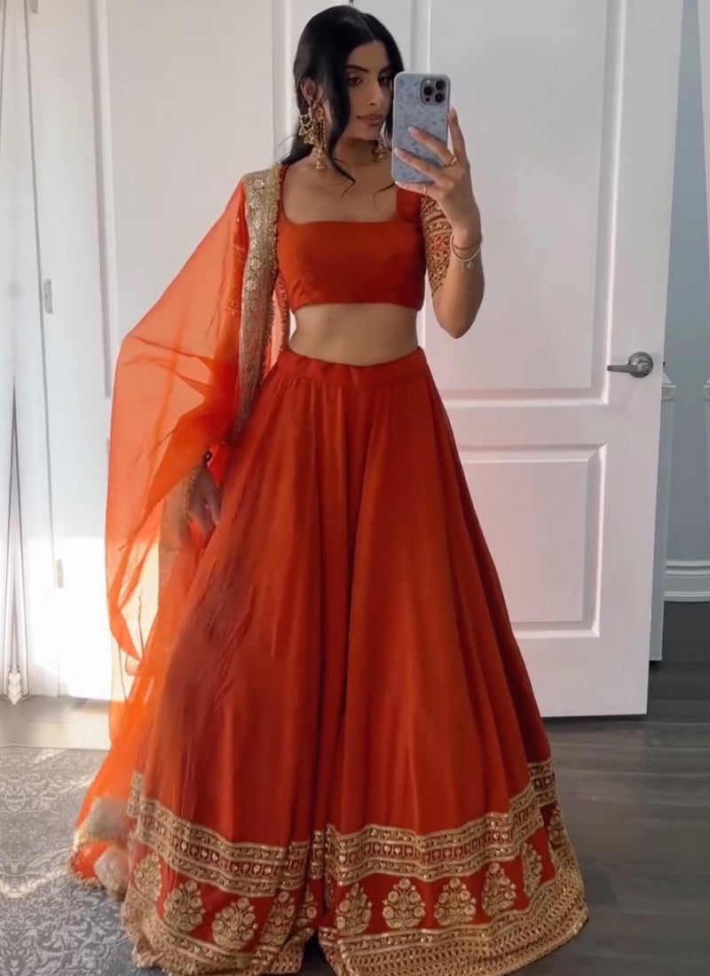 Vibrant Orange Faux Georgette Zari Embroidered Sequins Umbrella Lehenga Wedding Wear