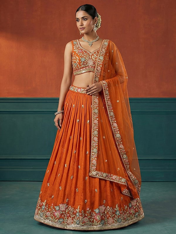 Vibrant Orange Georgette Embroidered Umbrella Lehenga